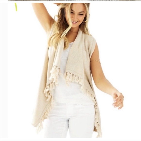 EUC Lilly Pulitzer Abbott Sweater Vest Cardigan with Tassels Tan Gold Sz MEDIUM - Picture 2 of 2
